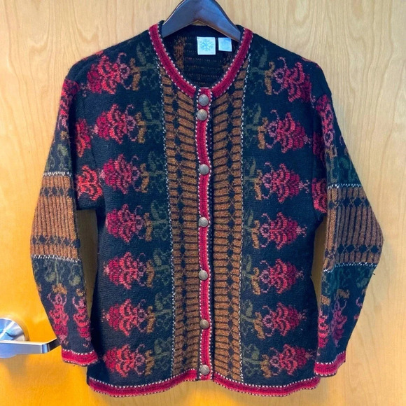 SNOWFLAKE TM  Sz XL 100% Wool Jacquard Brocade Detail Cardigan Sweater - Picture 1 of 11